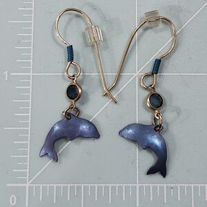 Holly Yashi Signed Dainty Niobium Blue Dolphin Earrings With Stone